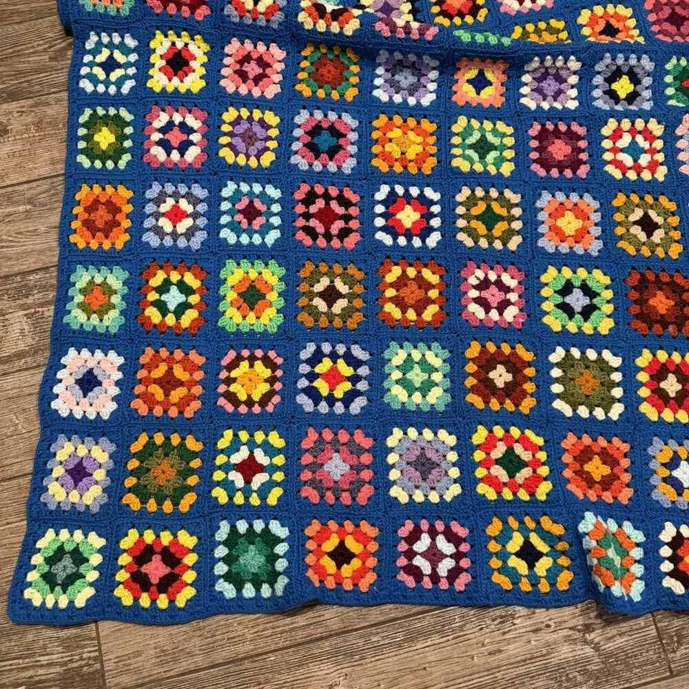 Vintage Handmade Granny Square Afghan Blanket Throw Knit Cottage Approx 48x59‎